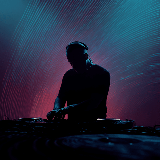 DJ silhouette against vibrant blue and red lights in an energetic venue